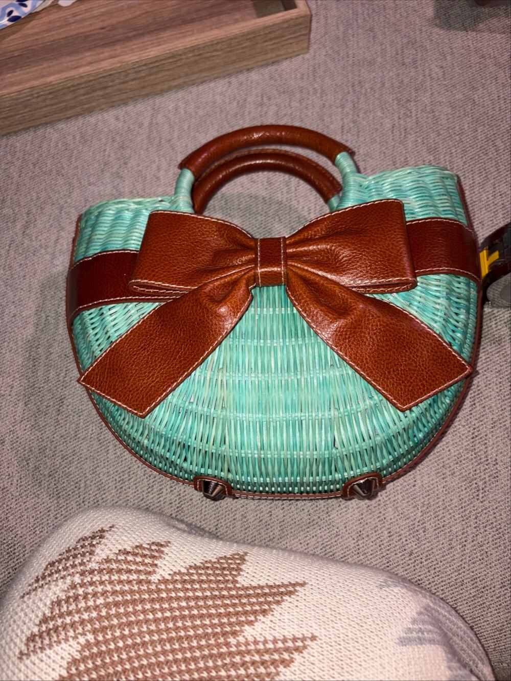 New Rare Isabella Fiore small Teal & Cognac Leather Bow Wicker Handbag Purse